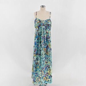 Oleg Casini Metallic Silk Maxi Dress Womens Size 12 Sweetheart Turquoise Floral